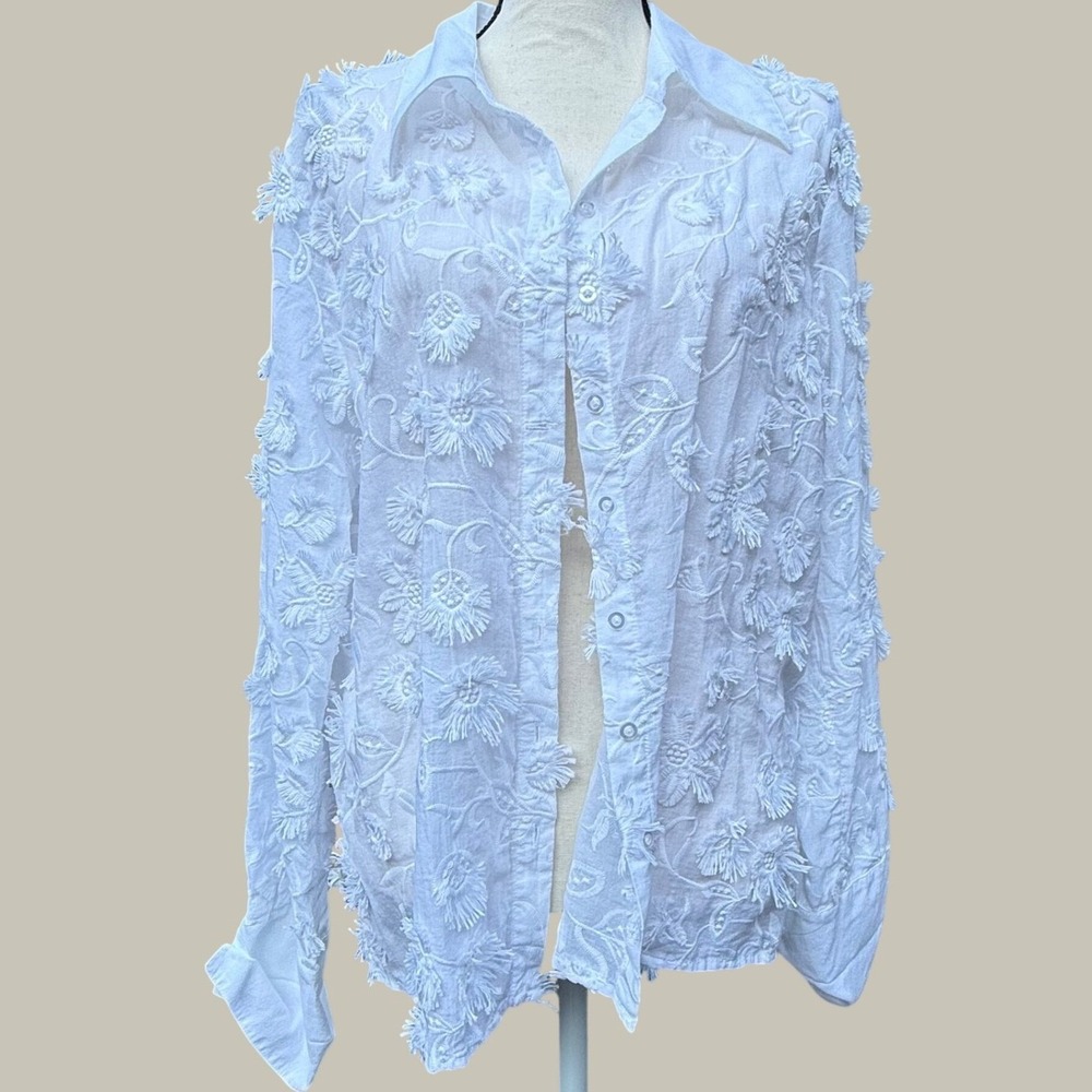 AS by DF White 100% Cotton Floral 3D Fringe Embroidered Button Down Shirt XL